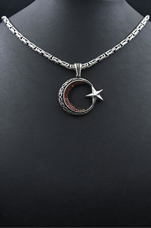 Ay Yıldız - Ay Yıldızlı Kral Zincir Desenli 925 Ayar Gümüş Kolye Kral Zincir 4 Mm 902194