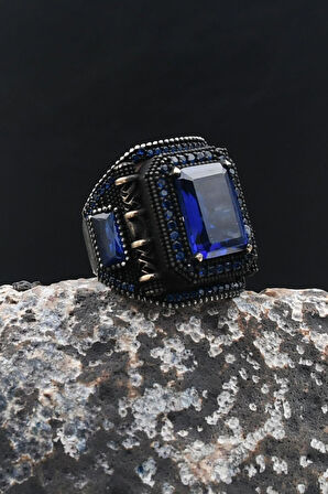 Lacivert Zirkon Taşlı Kare Tasarımlı 925 Ayar Gümüş Erkek Yüzük 902200