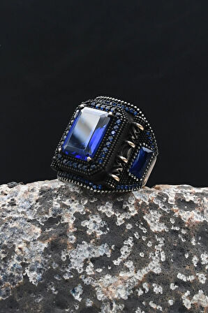 Lacivert Zirkon Taşlı Kare Tasarımlı 925 Ayar Gümüş Erkek Yüzük 902200