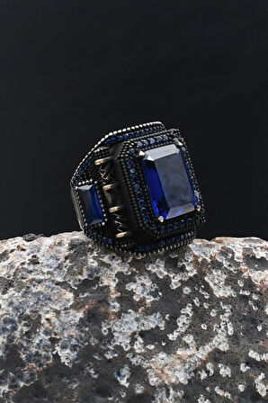 Lacivert Zirkon Taşlı Kare Tasarımlı 925 Ayar Gümüş Erkek Yüzük 902200