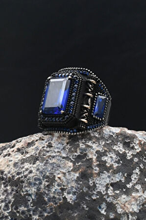 Lacivert Zirkon Taşlı Kare Tasarımlı 925 Ayar Gümüş Erkek Yüzük 902200