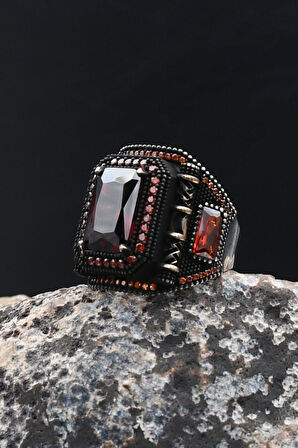 Kırmızı Zirkon Taşlı Kare Tasarımlı 925 Ayar Gümüş Erkek Yüzük 902201