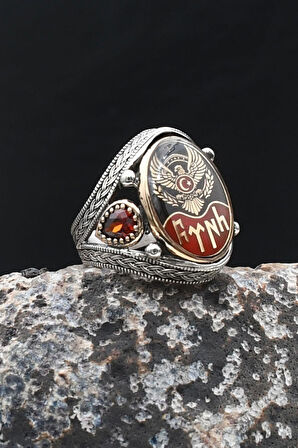 Ay Yıldızlı Kartal Figürlü - Göktürkçe Türk Yazılı 925 Ayar Gümüş Yüzük 902205