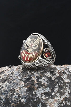 Ay Yıldızlı Kartal Figürlü - Göktürkçe Türk Yazılı 925 Ayar Gümüş Yüzük 902205