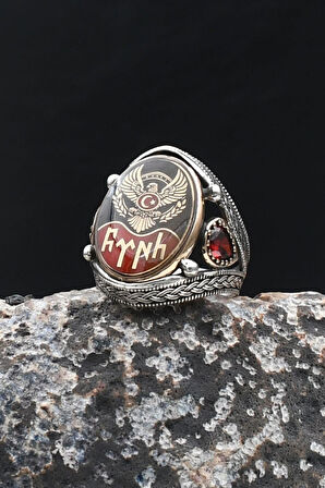 Ay Yıldızlı Kartal Figürlü - Göktürkçe Türk Yazılı 925 Ayar Gümüş Yüzük 902205