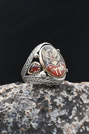 Ay Yıldızlı Kartal Figürlü - Göktürkçe Türk Yazılı 925 Ayar Gümüş Yüzük 902205