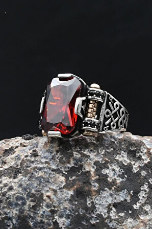 Kırmızı Zirkon Taşlı Baget Kesim 925 Ayar Gümüş Yüzük 902213