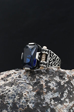 Lacivert Zirkon Taşlı Baget Kesim 925 Ayar Gümüş Yüzük 902216