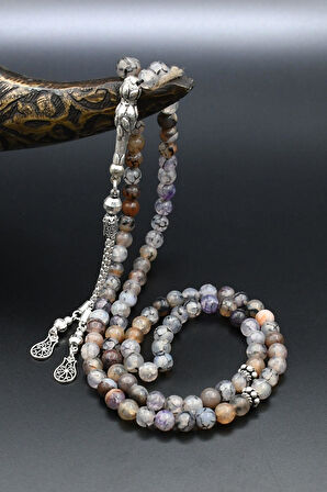 Doğal Damarlı Akik Taşlı 99'lük Tesbih 925 Ayar Gümüş Püsküllü 6mm Küre Kesim 902221