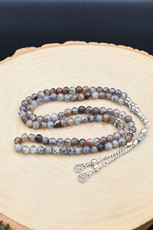 Doğal Damarlı Akik Taşlı 99'lük Tesbih 925 Ayar Gümüş Püsküllü 6mm Küre Kesim 902221