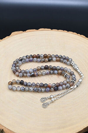 Doğal Damarlı Akik Taşlı 99'lük Tesbih 925 Ayar Gümüş Püsküllü 6mm Küre Kesim 902221