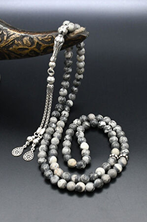 Doğal Gri Jasper Taşlı 99'lük Tesbih 925 Ayar Gümüş Püsküllü 6mm Küre Kesim 902222