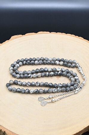 Doğal Gri Jasper Taşlı 99'lük Tesbih 925 Ayar Gümüş Püsküllü 6mm Küre Kesim 902222