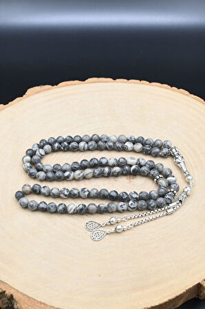 Doğal Gri Jasper Taşlı 99'lük Tesbih 925 Ayar Gümüş Püsküllü 6mm Küre Kesim 902222