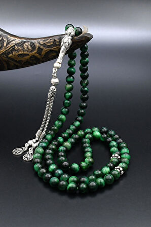 Yeşil Kaplan Gözü Taşlı 99'lük Tesbih Doğal 925 Ayar Gümüş Püsküllü 6 mm Küre Kesim 902225