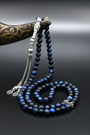 Lacivert Kaplan Gözü Taşlı 99'lük Tesbih Doğal 925 Ayar Gümüş Püsküllü 6 mm Küre Kesim 902227