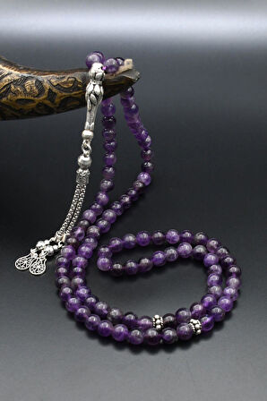 Doğal Ametist Taşlı 99'lük Tesbih 925 Ayar Gümüş Püsküllü 6mm Küre Kesim 902229