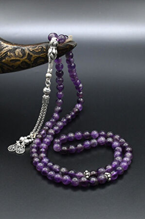 Doğal Ametist Taşlı 99'lük Tesbih 925 Ayar Gümüş Püsküllü 6mm Küre Kesim 902229