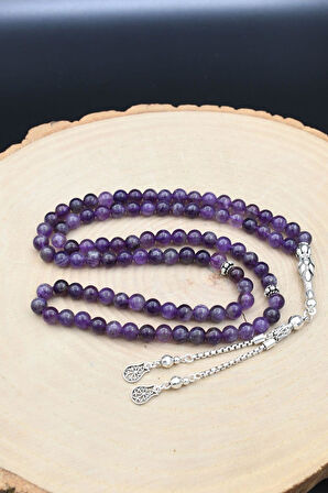 Doğal Ametist Taşlı 99'lük Tesbih 925 Ayar Gümüş Püsküllü 6mm Küre Kesim 902229