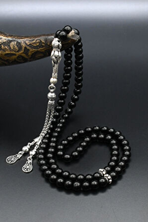 Doğal Oniks Taşlı 33'lük Tesbih 925 Ayar Gümüş Püsküllü 6mm Küre Kesim 902230