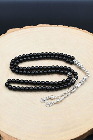 Doğal Oniks Taşlı 33'lük Tesbih 925 Ayar Gümüş Püsküllü 6mm Küre Kesim 902230