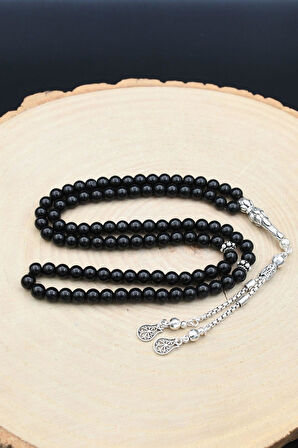 Doğal Oniks Taşlı 33'lük Tesbih 925 Ayar Gümüş Püsküllü 6mm Küre Kesim 902230