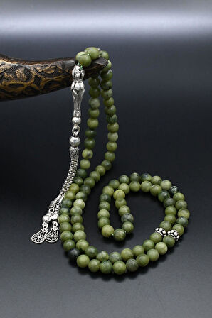 Doğal yeşim Taşlı Tesbih 99'lük 925 Ayar Gümüş Püsküllü 6mm Küre Kesim 902233