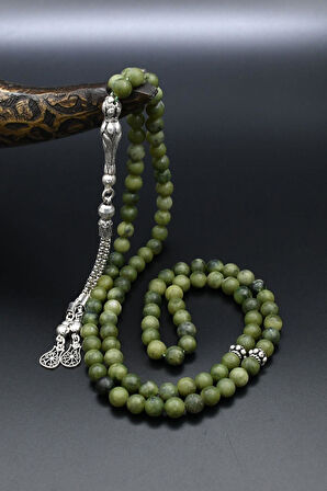 Doğal yeşim Taşlı Tesbih 99'lük 925 Ayar Gümüş Püsküllü 6mm Küre Kesim 902233