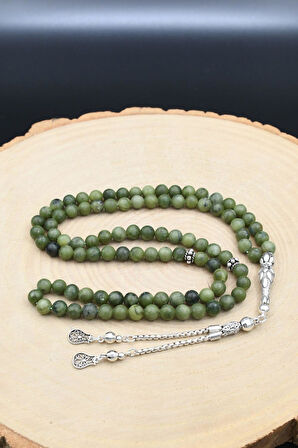 Doğal yeşim Taşlı Tesbih 99'lük 925 Ayar Gümüş Püsküllü 6mm Küre Kesim 902233