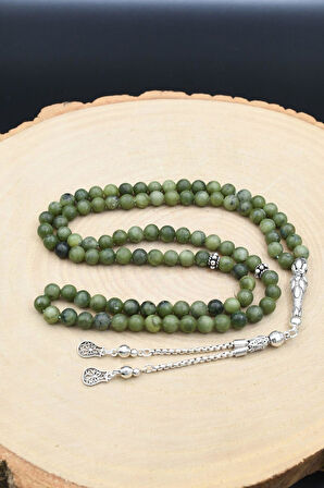 Doğal yeşim Taşlı Tesbih 99'lük 925 Ayar Gümüş Püsküllü 6mm Küre Kesim 902233