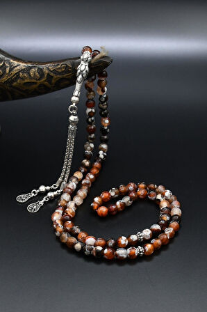 Doğal Damarlı Akik Taşlı 99'lük Tesbih 925 Ayar Gümüş Püsküllü 6mm Küre Kesim 902236