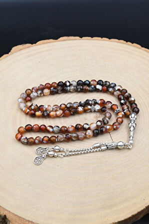 Doğal Damarlı Akik Taşlı 99'lük Tesbih 925 Ayar Gümüş Püsküllü 6mm Küre Kesim 902236