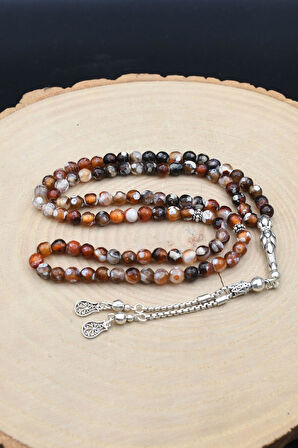 Doğal Damarlı Akik Taşlı 99'lük Tesbih 925 Ayar Gümüş Püsküllü 6mm Küre Kesim 902236