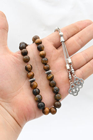 Doğal Kaplan Gözü Taşlı 33'lük Tesbih Metal Püsküllü 10mm Küre Kesim 902239