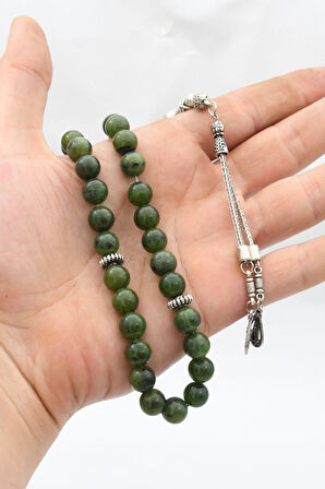 Doğal yeşim Taşlı 33'lük Tesbih Metal Püsküllü 10mm Küre Kesim 902244