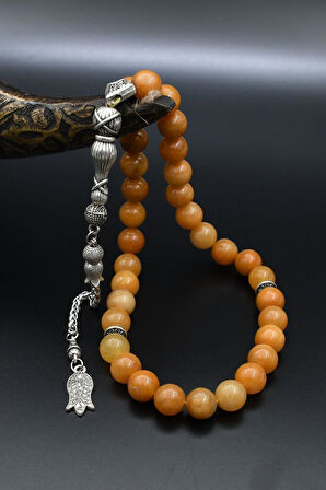 Doğal Carnelian Taşlı 33'lük Tesbih Metal Püsküllü 10mm Küre Kesim 902245