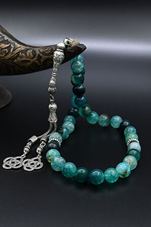 Doğal Damarlı Akik Taşlı 33'lük Tesbih Metal Püsküllü 10mm Küre Kesim 902250