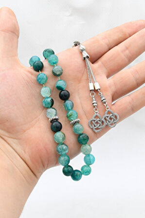 Doğal Damarlı Akik Taşlı 33'lük Tesbih Metal Püsküllü 10mm Küre Kesim 902250