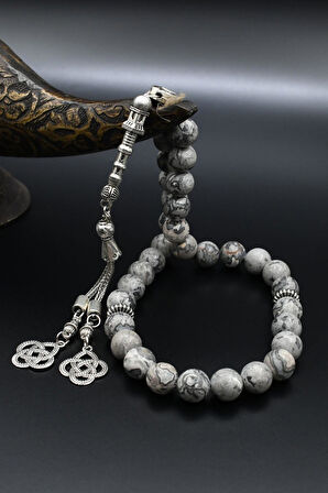 Doğal Gri Jasper Taşlı 33'lük Tesbih Metal Püsküllü 10mm Küre Kesim 902251