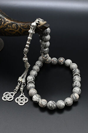 Doğal Gri Jasper Taşlı 33'lük Tesbih Metal Püsküllü 10mm Küre Kesim 902251