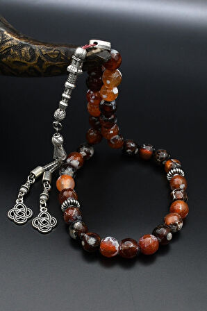 Doğal Damarlı Akik Taşlı 33'lük Tesbih Metal Püsküllü 10mm Küre Kesim 902252