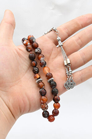 Doğal Damarlı Akik Taşlı 33'lük Tesbih Metal Püsküllü 10mm Küre Kesim 902252