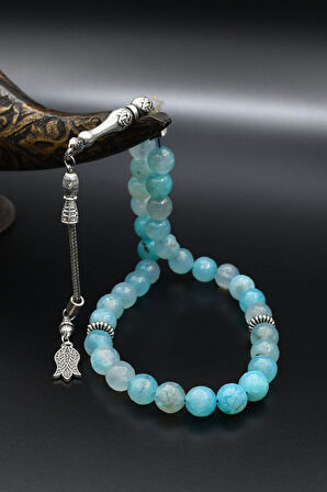 Doğal AQUA MARİN (Aquamarine) Taşlı 33'lük Tesbih Metal Püsküllü 10mm Küre Kesim 902254