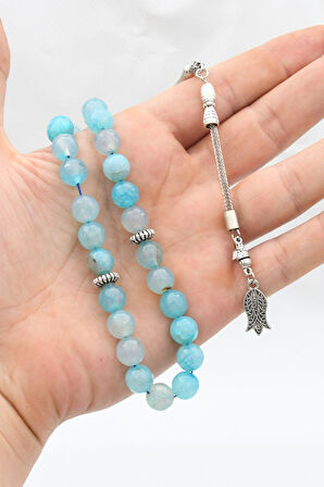 Doğal AQUA MARİN (Aquamarine) Taşlı 33'lük Tesbih Metal Püsküllü 10mm Küre Kesim 902254