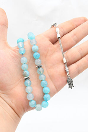 Doğal AQUA MARİN (Aquamarine) Taşlı 33'lük Tesbih Metal Püsküllü 10mm Küre Kesim 902254