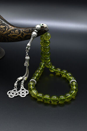 Doğal Peridot Taşlı 33'lük Tesbih Metal Püsküllü 10mm Küre Kesim 902256