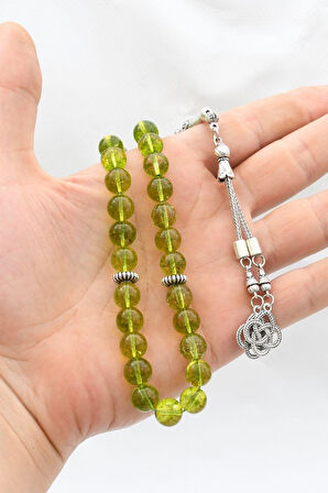 Doğal Peridot Taşlı 33'lük Tesbih Metal Püsküllü 10mm Küre Kesim 902256