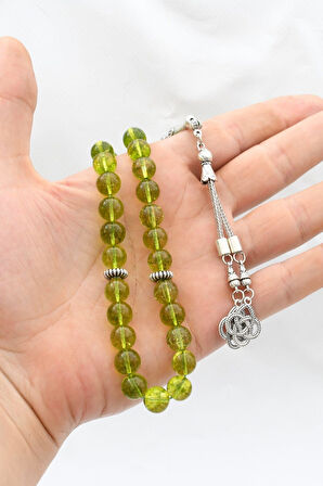 Doğal Peridot Taşlı 33'lük Tesbih Metal Püsküllü 10mm Küre Kesim 902256