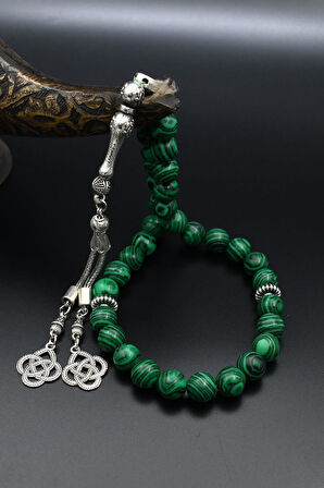 Doğal Malakit Taşlı 33'lük Tesbih Metal Püsküllü 10mm Küre Kesim 902257