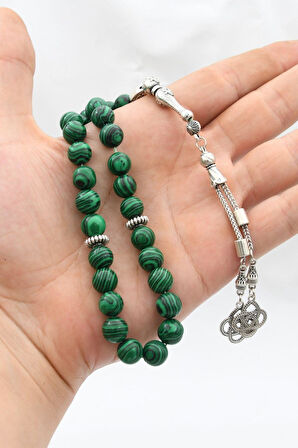 Doğal Malakit Taşlı 33'lük Tesbih Metal Püsküllü 10mm Küre Kesim 902257